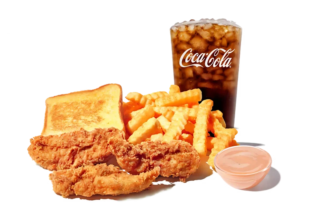Zaxbys Menu With Prices 2026 15 Big Zax Snak Meal with three chicken tenders, Texas toast, crinkle fries, dipping sauce, and a small drink.