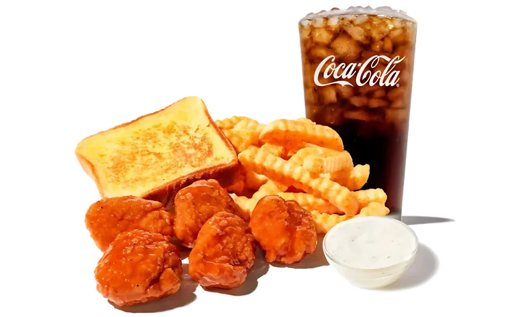 Zaxbys Menu With Prices 2026 17 Boneless Wings Meal: boneless all-white breast meat wings in sauce, with Texas toast, crinkle fries, ranch dip, and a drink.