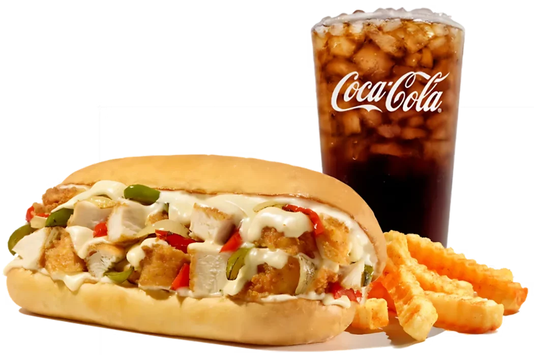 Zaxbys Menu With Prices 2026 20 Fried Chicken Philly Meal with hand-breaded chicken, grilled peppers and onions, cheese sauce, crinkle fries, and drink.