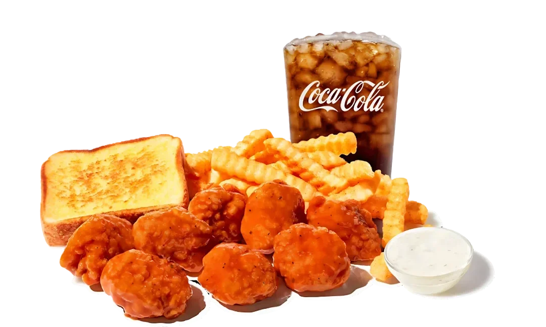 Zaxbys Menu With Prices 2026 16 Great 8 Boneless Wings Meal: eight boneless wings tossed in sauce, served with Texas toast, crinkle fries, ranch dip, and drink.