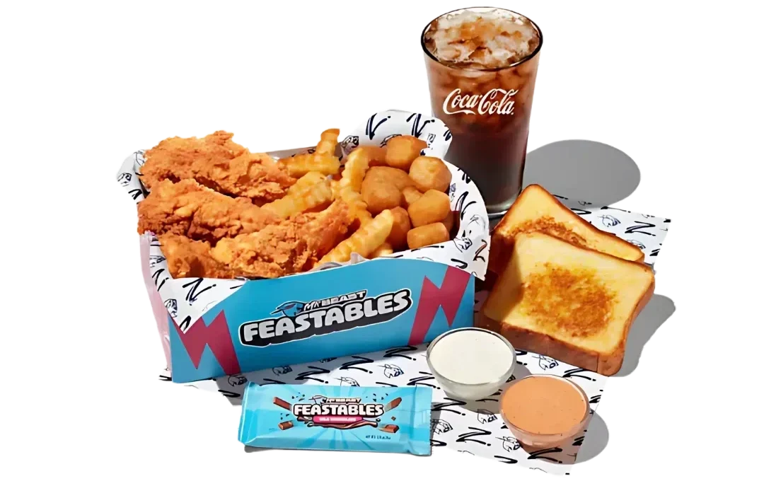 Zaxbys Menu With Prices 2026 13 MrBeast Box meal with chicken tenders, fries, Texas toast, sauces, drink, and a Feastables chocolate bar.