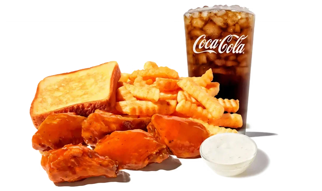 Zaxbys Menu With Prices 2026 18 Traditional Wings Meal with five sauced bone-in wings, crinkle fries, Texas toast, ranch dip, and a small drink.