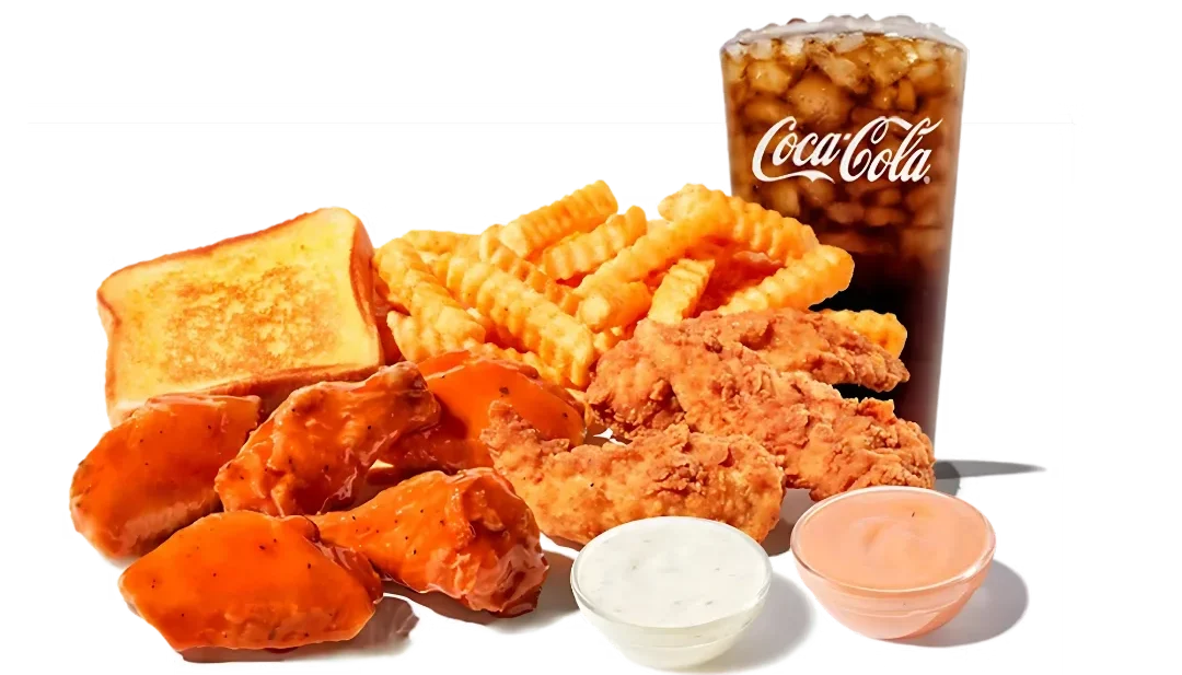 Zaxbys Menu With Prices 2026 19 Wings & Things Meal with five sauced wings (traditional or boneless), three Chicken Fingerzâ„¢, crinkle fries, Texas toast, sauces, and drink.