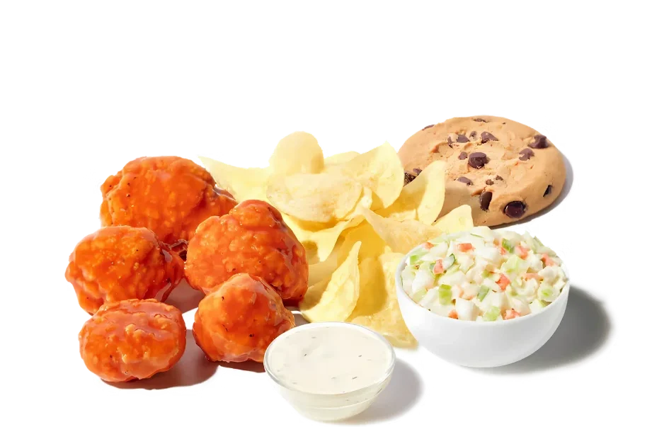 Zaxbys Menu With Prices 2026 95 Zaxby’s Boneless Wings Boxed Lunch with saucy boneless wings, chips, coleslaw, ranch dip, and a chocolate chip cookie