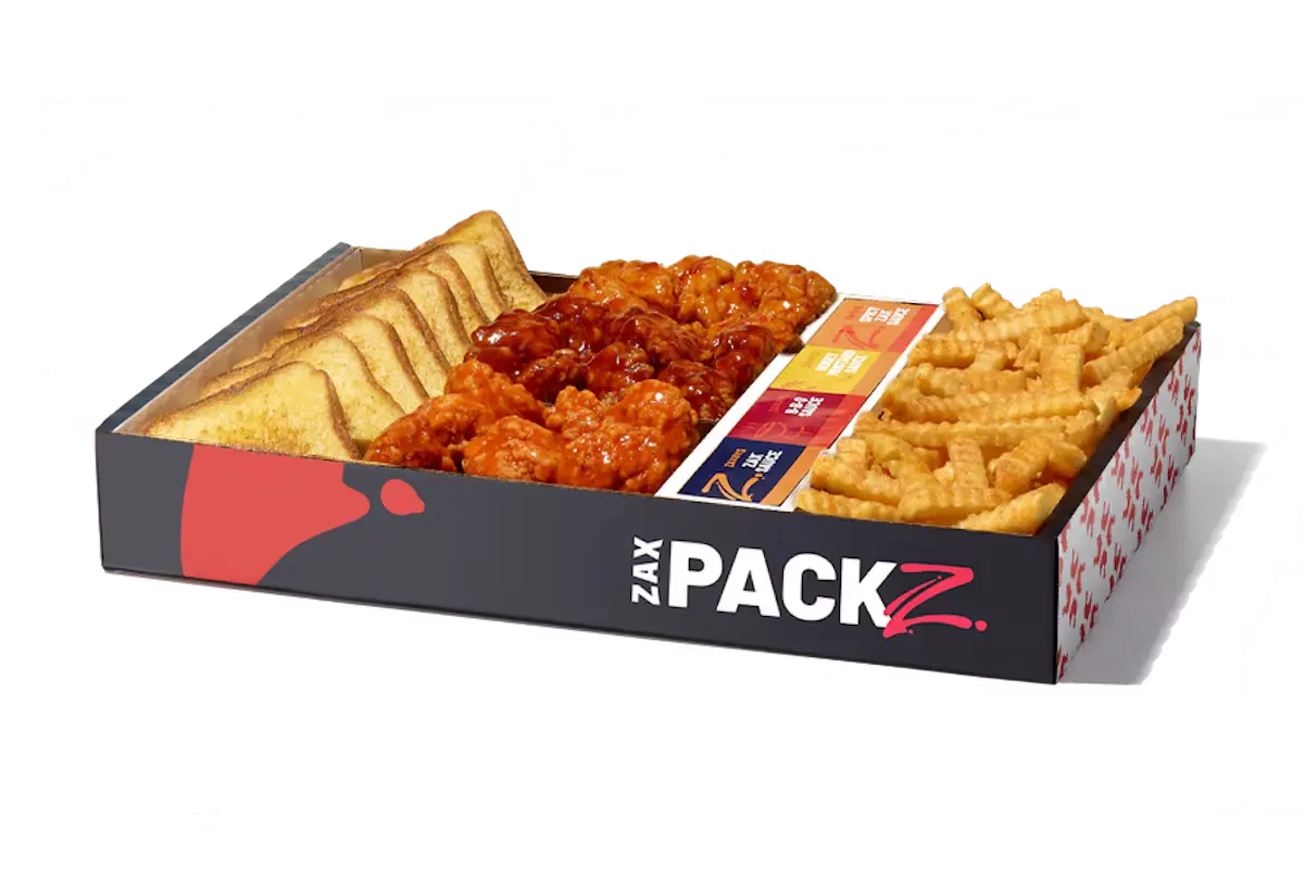 Zaxbys Menu With Prices 2026 62 Zaxby’s Boneless Wings Zax Packz with saucy boneless wings, crinkle fries, Texas toast, and signature dipping sauces