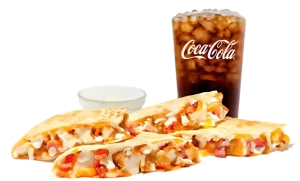 Zaxbys Menu With Prices 2026 3 Chicken Bacon Ranch Quesadilla meal with dipping sauce and Coca-Cola drink from Zaxby’s menu.