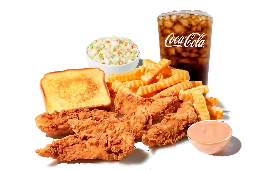 Zaxbys Menu With Prices 2026 14 Zaxby’s Chicken Finger Plate with hand-breaded tenders, crinkle fries, Texas toast, coleslaw, sauce, and a drink.