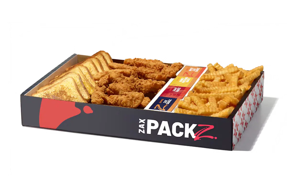 Zaxbys Menu With Prices 2026 61 Zaxby’s Chicken Fingerz Zax Packz with crispy tenders, crinkle fries, Texas toast, and signature sauces in a share box