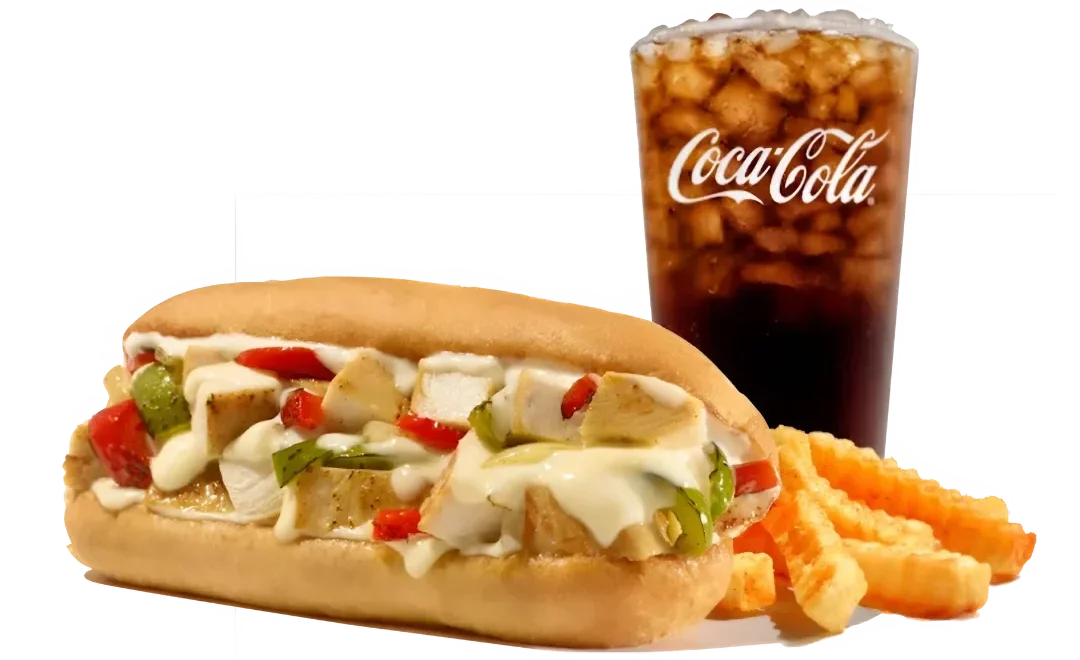 Zaxbys Menu With Prices 2026 25 Zaxby’s Grilled Chicken Philly Meal with tender chicken, peppers, melted cheese, crinkle fries, and Coca-Cola drink
