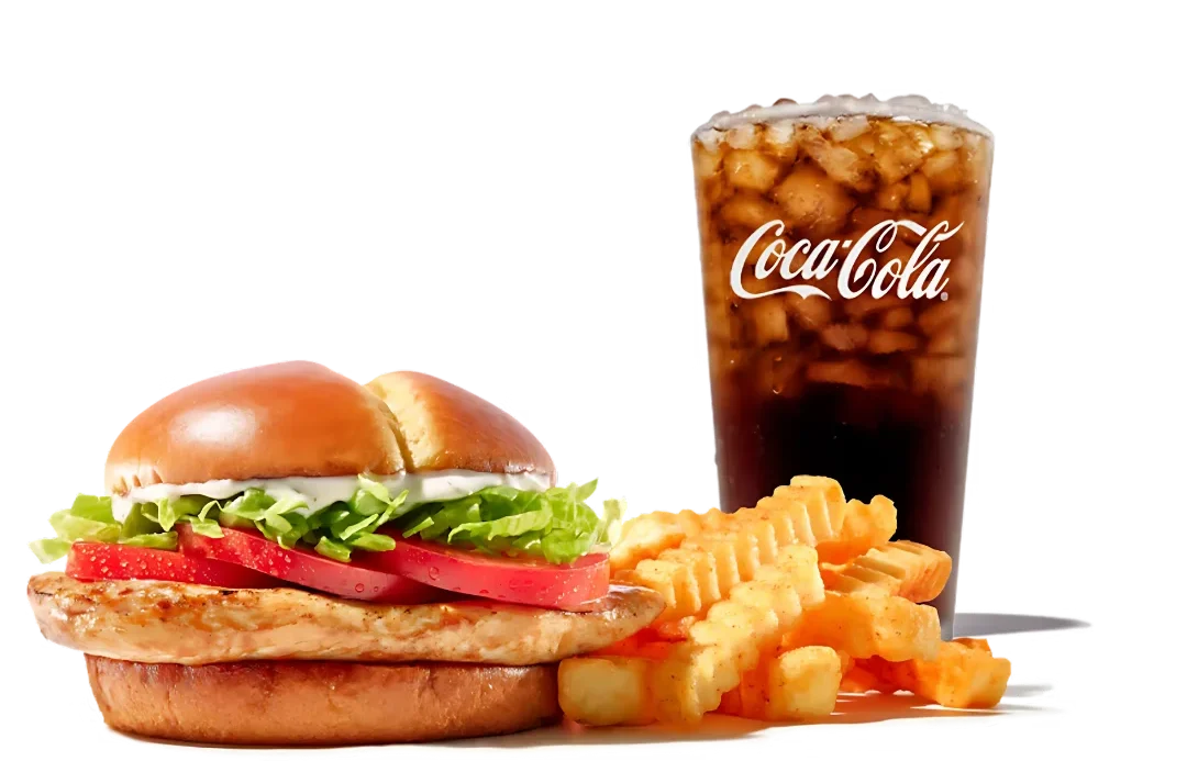 Zaxbys Menu With Prices 2026 24 Zaxby’s Grilled Chicken Sandwich Meal with juicy grilled chicken breast, lettuce, tomato, crinkle fries, and Coca-Cola
