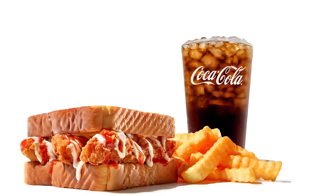 Zaxbys Menu With Prices 2026 21 Zaxby’s Kickin Chicken Sandwich with fries and a cold Coca-Cola drink