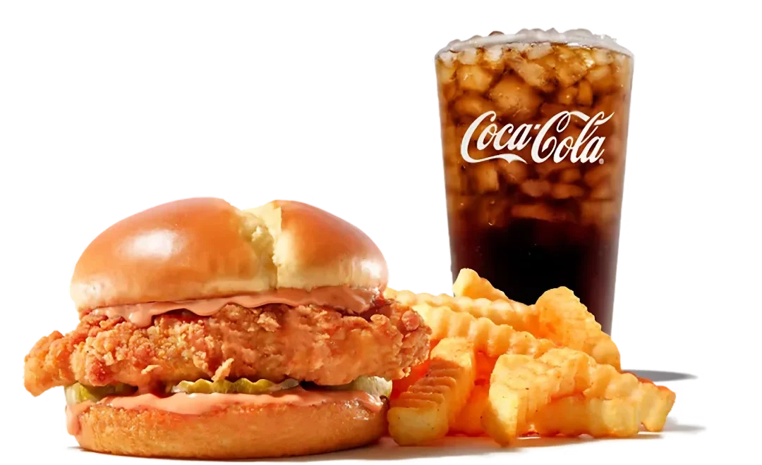 Zaxbys Menu With Prices 2026 26 Zaxby’s Spicy Signature Chicken Sandwich Meal with crispy fillet, pickles, seasoned crinkle fries, and an ice-cold Coca-Cola